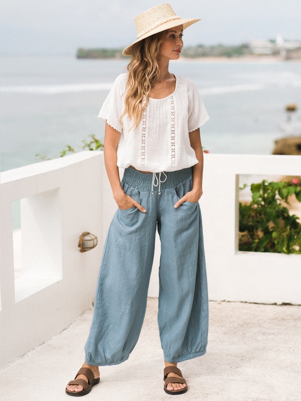 Nomad Sadhu French Linen Pants Tahiti Blue Jogger Tapered